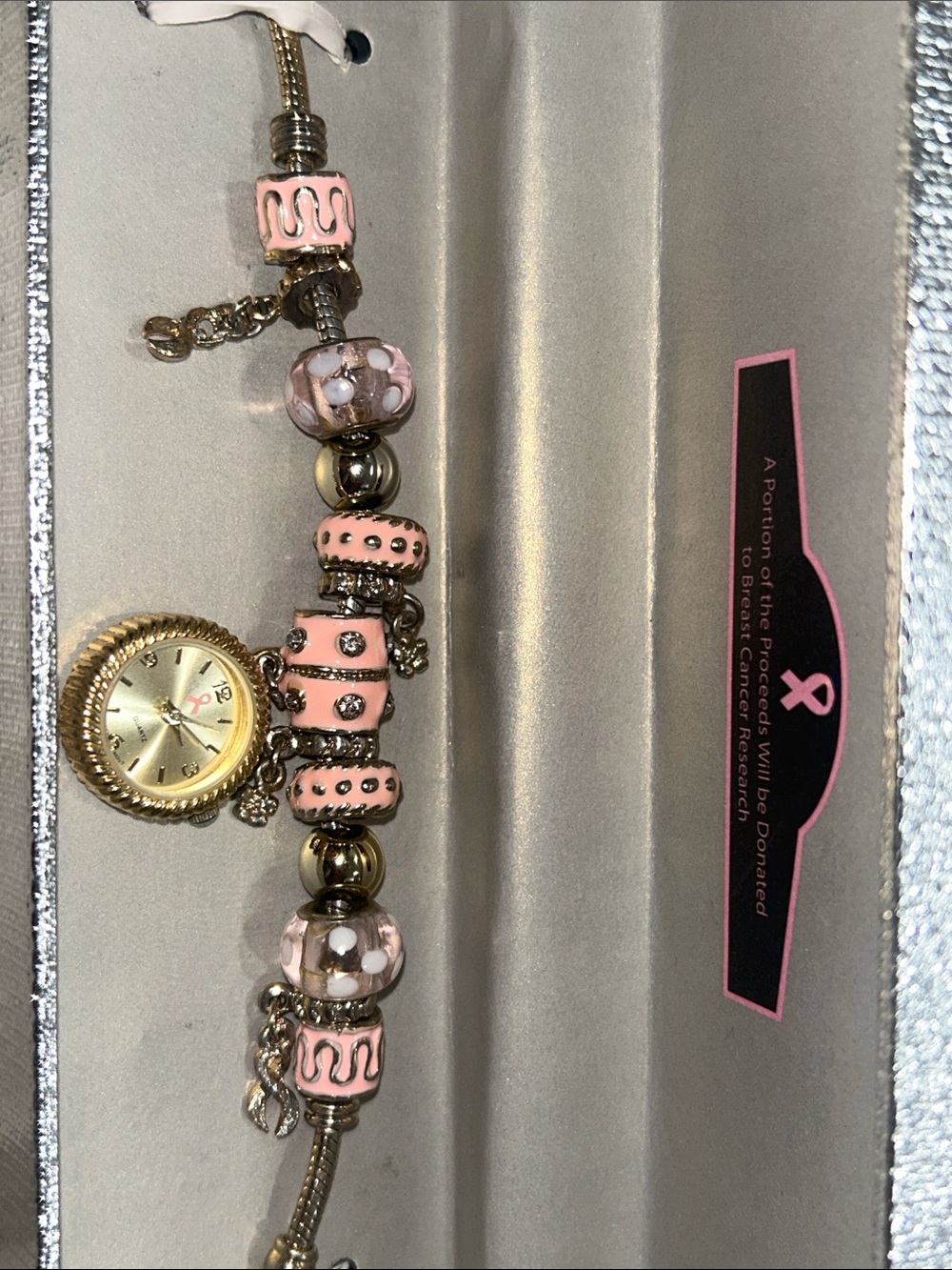 Pink Beaded SS Breast Cancer Awareness Charm Watch Bracelet Limited Edition